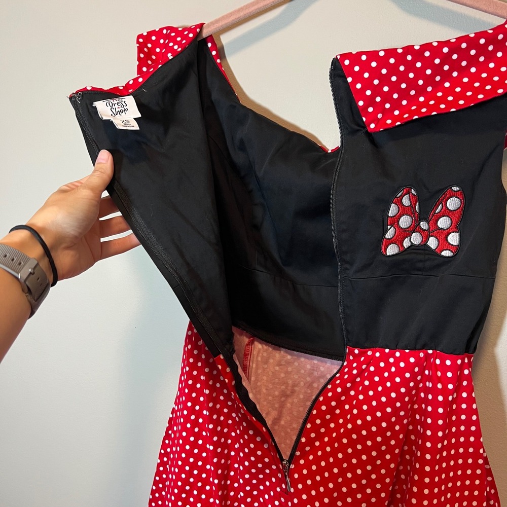Disney Parks The Dress Shop Minnie Mouse Polka Dot Dress Red Black XS Retro Bow - Picture 11 of 13